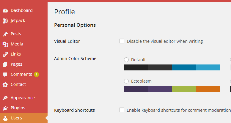 WordPress admin color scheme